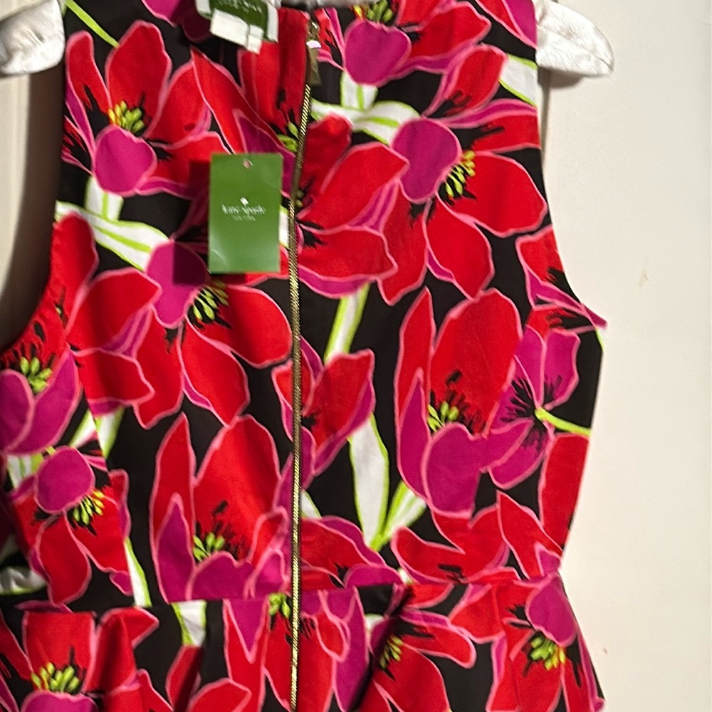 KATE SPADE Sz 14 RIO SLEEVELESS PEPLUM DRESS SHEATH Floral TROPICAL RED/PINK. - Picture 3 of 16